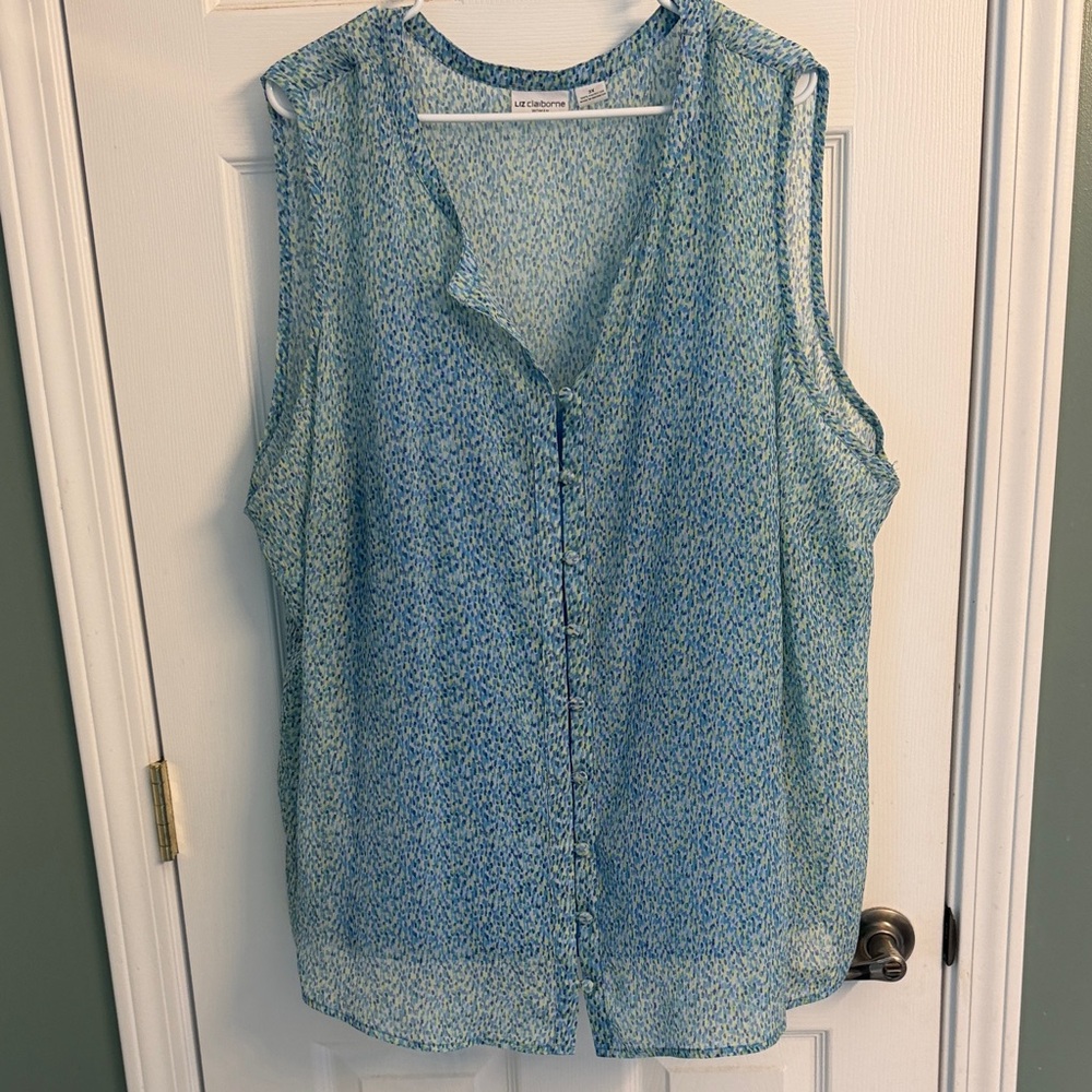 Liz Claiborne Blue-Green Printed Sleeveless Button-Front Blouse